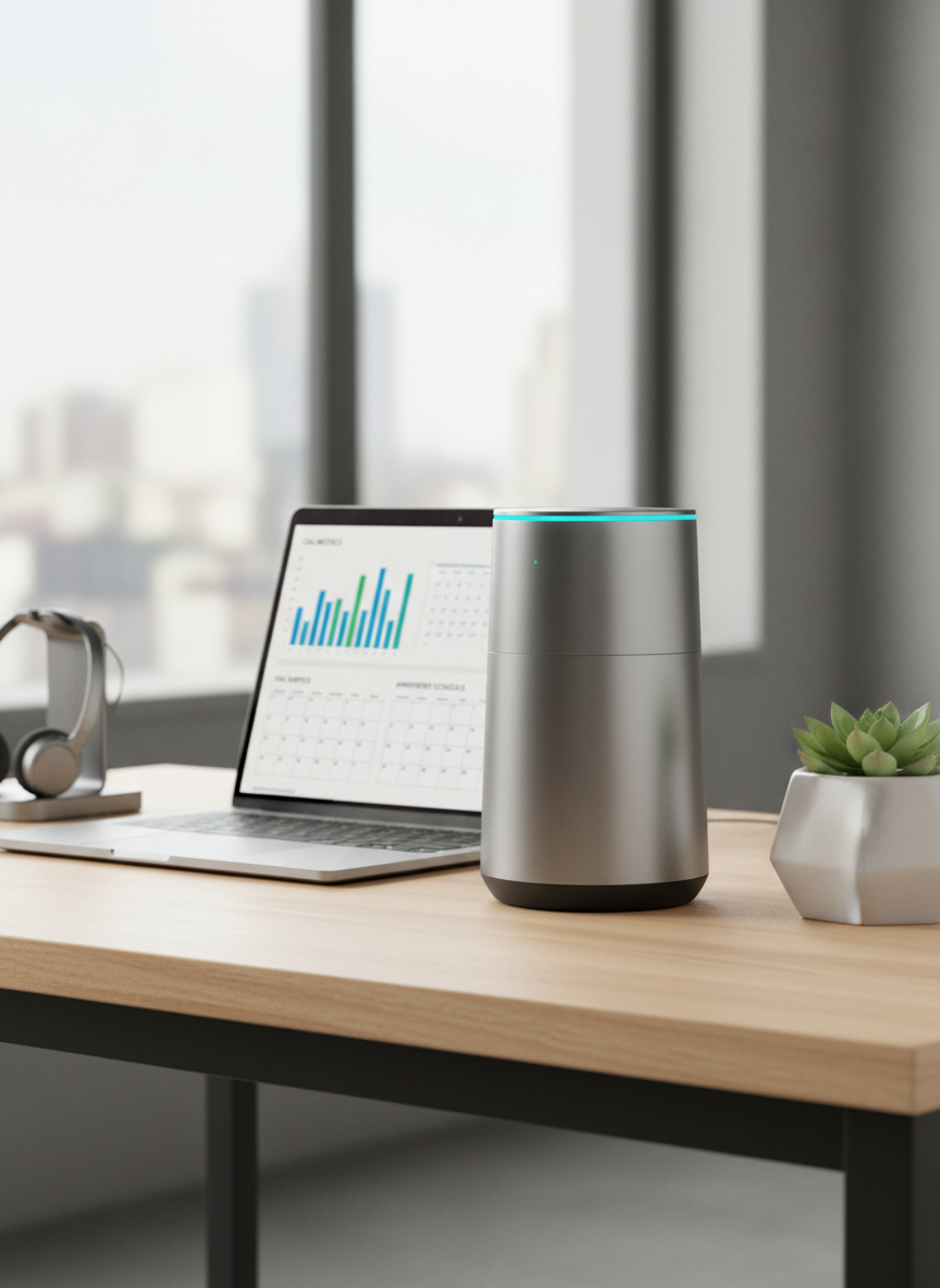 A sleek, matte-silver smart speaker with a subtle glowing ring of cyan light encircling its top, placed on a clean white workstation beside a slim, open laptop displaying a simple analytics dashboard with call metrics and appointment schedules. The surface is a pale oak desktop with a faint grain, surrounded by minimalist office accessories like a wireless headset dock and a small geometric planter. Soft, cool daylight from a nearby window washes across the scene, creating gentle reflections on metal edges and a calm, focused atmosphere. Photographic realism, eye-level composition with shallow depth of field, the smart speaker in sharp focus while the background softly blurs, conveying a modern, efficient AI voice assistant quietly managing calls in the background.