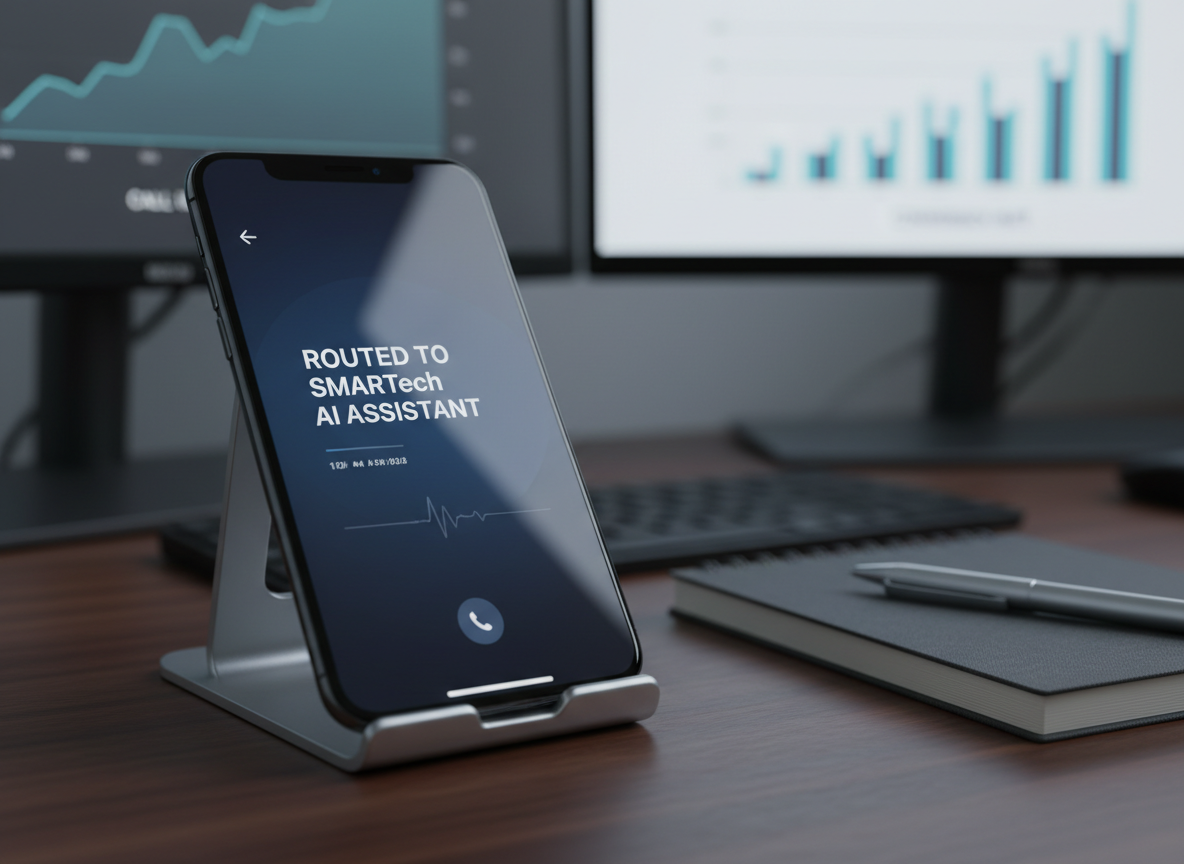 A close-up of a high-end smartphone resting on a dark walnut desk, its screen lit with an incoming business call interface labeled “Routed to SMARTech AI Assistant.” The phone’s glass surface gleams with precise reflections, beside a brushed aluminum charging stand and a tidy spiral notebook with a fine-grain cover. Behind, a blurred double-monitor setup shows soft graphs of call volume and conversion. Cool, diffused overhead lighting casts smooth, minimal shadows, enhancing the tech-forward, professional vibe. Photographic realism, captured from a slightly elevated angle with shallow depth of field, making the phone and its AI routing message razor-sharp while the workspace melts into a bokeh background, symbolizing seamless call handling and lead capture without human interruption.