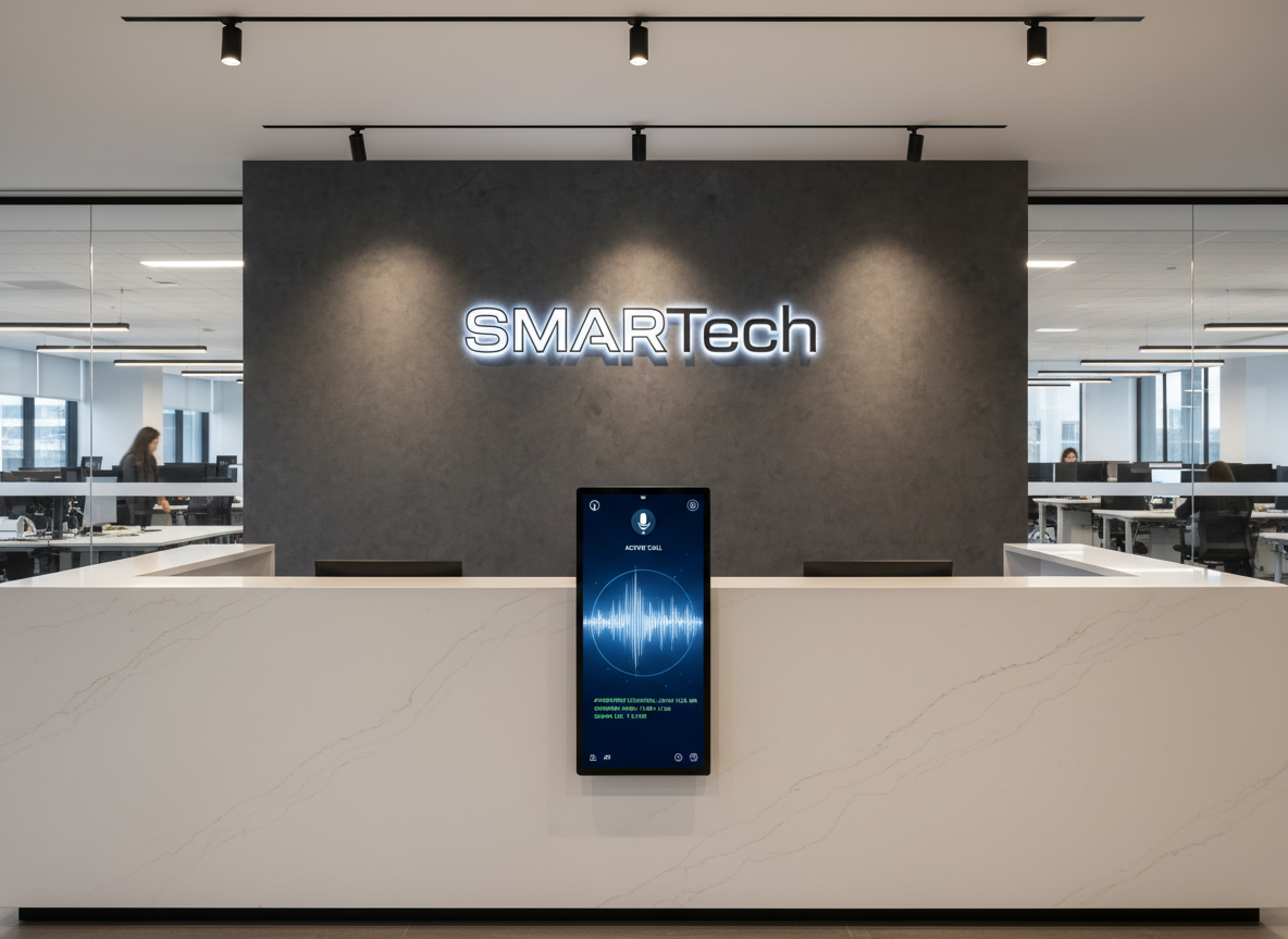 An elegant reception counter in a contemporary office, featuring a slim, vertical touch display embedded into the counter surface that visualizes live AI voice assistant activity: animated waveforms, call status icons, and appointment confirmations flowing in real time. The counter is made of white quartz with subtle veining, contrasted by a charcoal accent wall behind carrying a backlit SMARTech logo. Track lighting above creates soft pools of warm light that glint on the polished stone, while a distant glass partition suggests a bustling workspace beyond. Photographic realism, eye-level composition with strong symmetry, the interface in crisp focus and the background slightly softened, conveying a welcoming yet fully automated front desk managed entirely by AI voice technology.