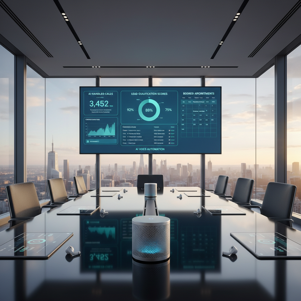 A large wall-mounted digital dashboard in a modern glass-walled meeting room, displaying a clean interface of AI-handled calls, lead qualification scores, and booked appointments in soothing blues and teals. In the foreground, a polished black conference table reflects the screen’s subtle glow, scattered with neatly arranged tablets, wireless earbuds, and a compact, cylindrical AI hub device with a fine mesh texture. Late afternoon natural light streams through floor-to-ceiling windows, mixing with the cool, even light from the display to create a balanced, productive mood. Photographic realism with a slightly wide-angle perspective, the composition using leading lines from the table edges toward the dashboard, emphasizing clarity, organization, and the power of AI voice automation for busy teams.